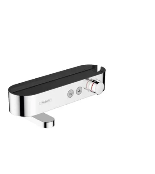 Chromfarbener Thermostat von Hansgrohe mit einer flachen Oberfläche, einem Drehknopf und zwei Tasten zur Steuerung von Wassertemperatur und -fluss.
